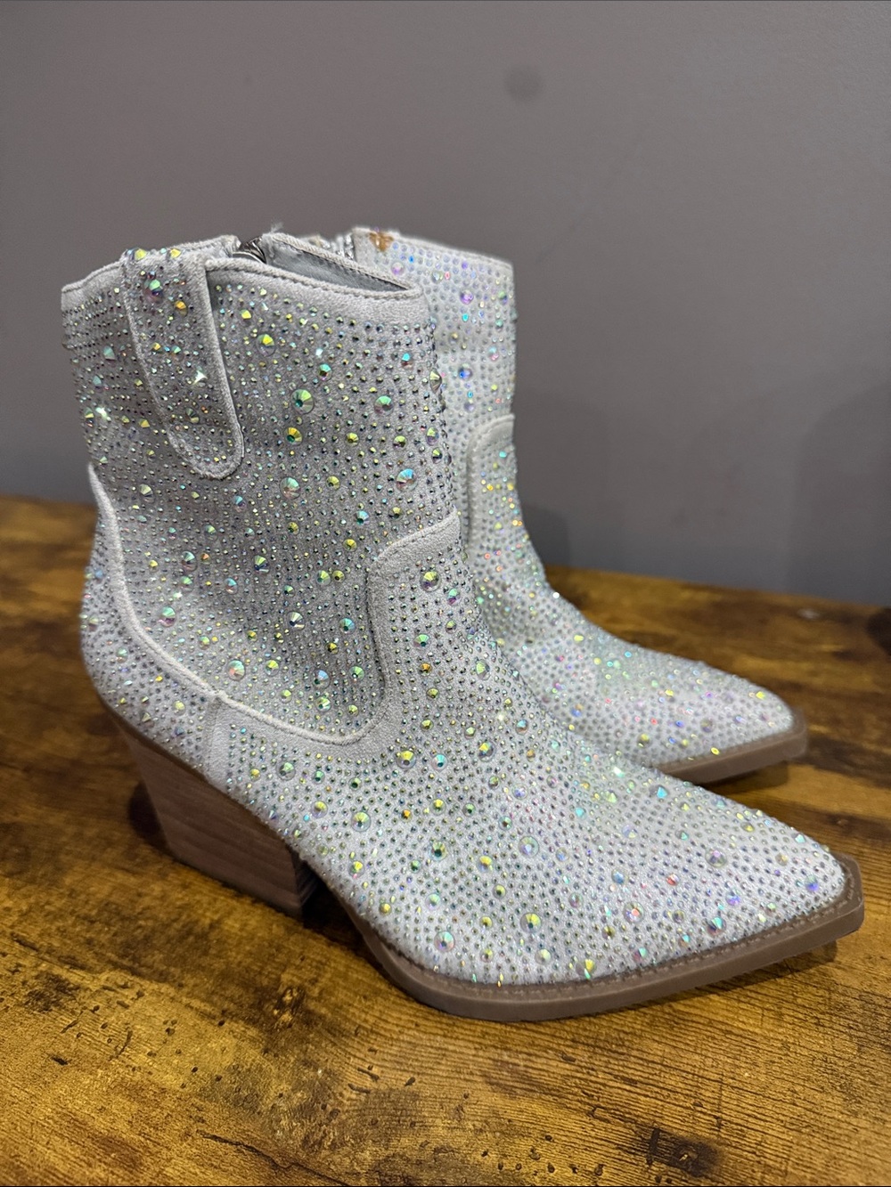 Madden Girl White Crystal-Embellished Western Ankle Boots